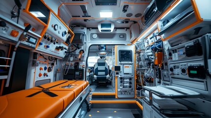 Emergency equipment and devices, Ambulance car interior details.