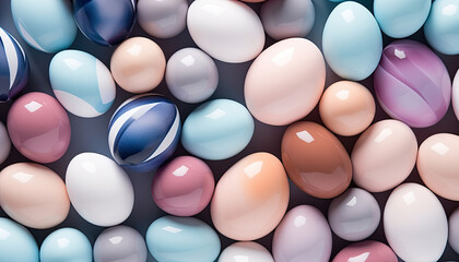 Top view of soft colorful Easter eggs. Multicolor painted eggs pattern. Generative AI.