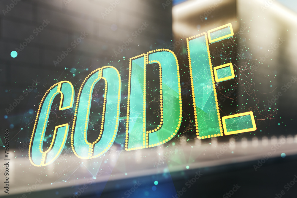 Poster code word hologram on modern business center exterior background, artificial intelligence and neural