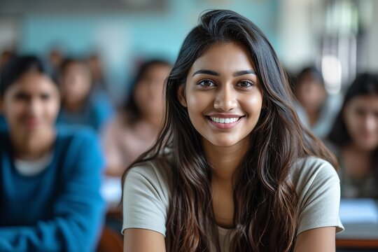 In A University Classroom, An Accomplished Indian Woman Leads A Group Of College Students, Generative AI.