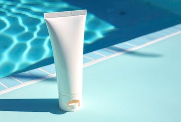 A mockup of a white blank cosmetic bottle tube lying on the surface of the water, creating a serene and unique presentation.
