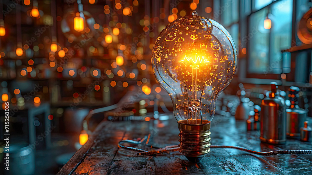 Poster conceptual image with lightbulb with moving gears as a symbol of an idea on dark background