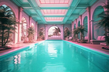 Opulent swimming pool at a resort with a surreal vaporwave ambiance. Generative AI
