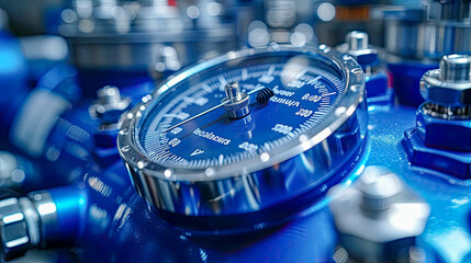 Industrial pressure gauge on pipes in the workshop of an oil and gas processing plant, pressure gauge in boiler room - obrazy, fototapety, plakaty