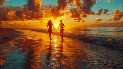 Silhouette of two young women walking on the beach at sunset