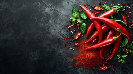 Composition with powdered and raw chili peppers on dark background, Food photography - obrazy, fototapety, plakaty