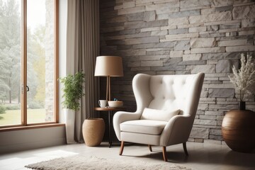 Rustic interior home design of living room with wing chair and stone wall