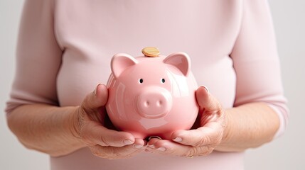 A hand holding a pink piggy bank, symbolizing savings, financial planning, or investment. - obrazy, fototapety, plakaty