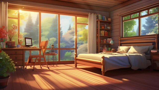 Animated illustration of a bedroom in the middle of a forest with tropical plants in the background. Illustration of the morning atmosphere in a bedroom. Background animation.