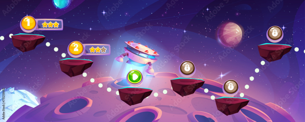 Poster game level map with floating islands and star rating, flying spaceship on outer space background wit