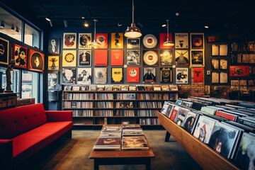 Cozy Record Store with Wall Art. - obrazy, fototapety, plakaty