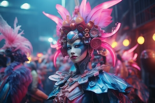 Extravagant Carnival Performer with Festive Headdress.