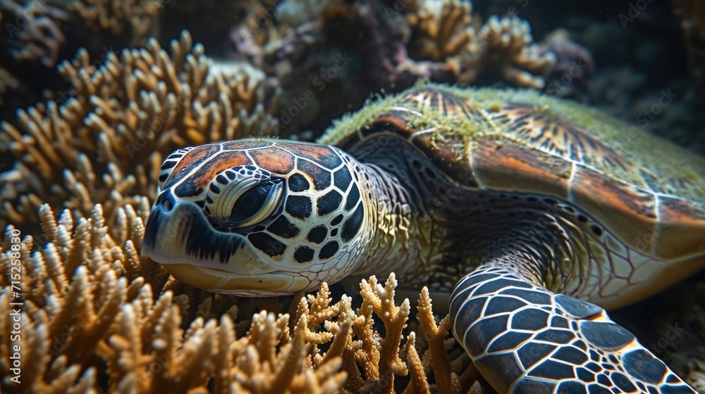Poster closeup of a sea turtle its shell covered in algae as it searches for food in a once thriving coral 