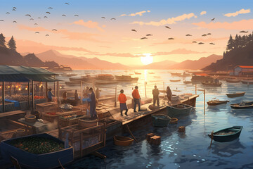 Harbor Sunset Scene with Boats and People. - obrazy, fototapety, plakaty