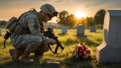 Soldier Grave Respect Tomb Stone Flowers Rifle Sunset - obrazy, fototapety, plakaty