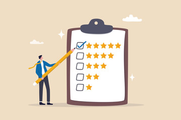 Evaluation performance survey, marketing feedback or service questionnaire, customer opinion, excellent 5 stars service, customer ranking score concept, businessman use pencil giving stars evaluation. - obrazy, fototapety, plakaty