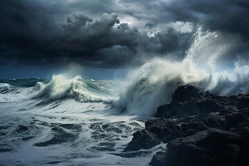 Stormy Sea Waves Crashing on Rocks.