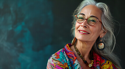 Elderly Woman With Glasses and Colorful Shirt Smiling Happily