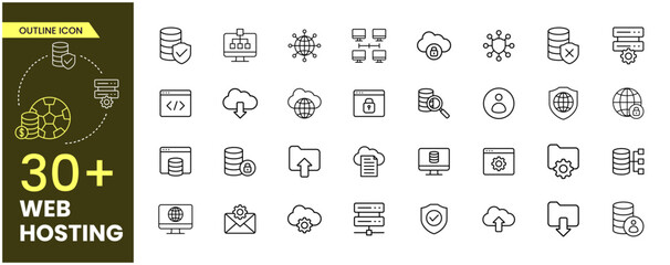 Web Hosting Outline icon set. Containing web design, internet, content, SEO, hosting, server, homepage and e-commerce icon. Outline icon collection. Vector illustration. - obrazy, fototapety, plakaty