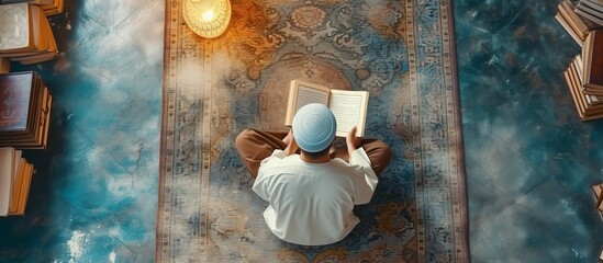 Top and back view Muslim man sitting praying on sajadah prayer mat. holding and read Quran in islamic mosque, Ramadan kareen and eid fitr or adha mubarak day background illustration, Generative AI