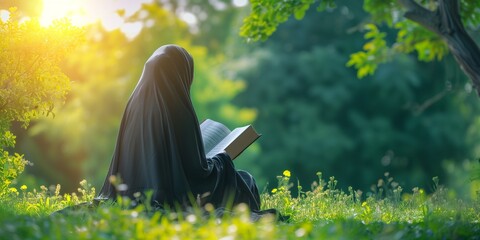 back view Muslim woman sitting praying. holding and read Quran with green forest garden background, Ramadan kareen and eid fitr or adha mubarak day background illustration, Generative AI