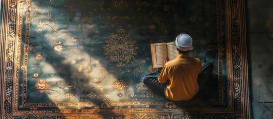 Top and back view Muslim man sitting praying on sajadah prayer mat. holding and read Quran in islamic mosque, Ramadan kareen and eid fitr or adha mubarak day background illustration, Generative AI - obrazy, fototapety, plakaty
