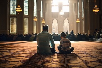 back view Muslim father and son sitting praying on sajadah prayer mat. holding and read Quran in islamic mosque, Ramadan kareen and eid fitr or adha mubarak day background illustration, Generative AI - obrazy, fototapety, plakaty