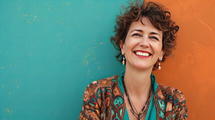 Smiling Woman With Curly Hair in Front of Blue Wall