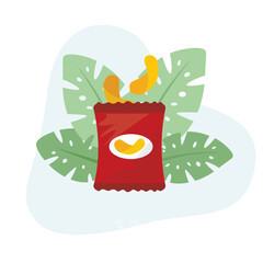 Chips icon flat vector Illustration Icon decorated with leaves for web use for chips bag, chips, salty, bag, food, crunchy, fried.