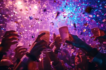 Fototapeta na wymiar Lots of hands cheering wine glass in a night club with confetti falling, Generative AI.