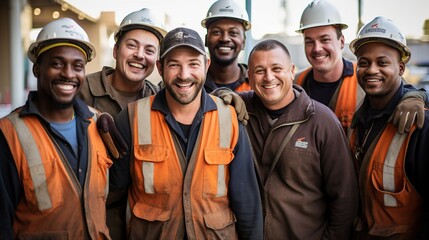 _A_group_of_smiling_construction_workers_wearing_uniform taking group photo real 4k high quality image - obrazy, fototapety, plakaty