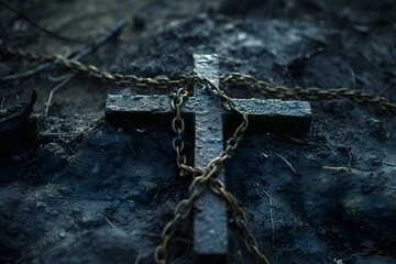 A somber depiction of a rustic cross with chains on a dark background