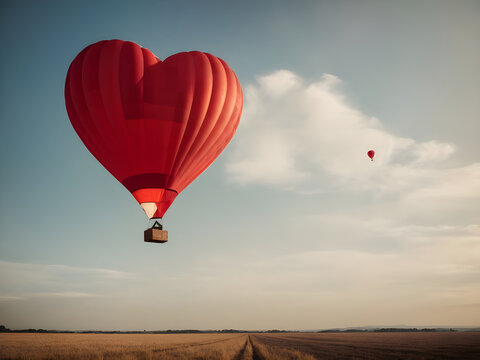 Red hot air balloon in the blue sky. Valentines day concept