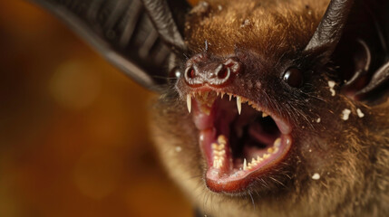 Closeup of a bats mouth revealing white spots and lesions on the tongue and gums. This is a common symptom of whitenose syndrome causing pain and difficulty eating for th