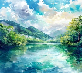 a digital painting of a tranquil natural scene. A calm lake takes center stage with its reflective surface mirroring the surrounding scenery