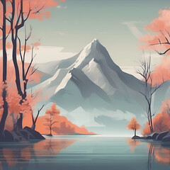 Create an illustration of a serene landscape, blending elements like mountains, water, and trees for a calming wallpaper.