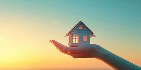 house on a hand, light colors, clear blue sky, 8k, realistic, Uplight, copy space 
