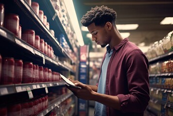 A handsome young man standing in the supermarket or grocery store, possibly engaged in shopping or browsing for items. - obrazy, fototapety, plakaty