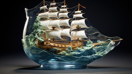 Watercolor illustration, Ship scarlet sails bottle waves. blu sea. wooden ship