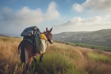 Traveler riding a donkey loaded with backpacks through grassy hills