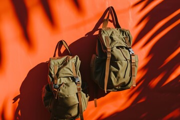 Modern hiking backpack against an orange background with fern shadow patterns