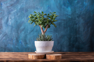 Houseplants and dried plants in a pots and vases on blue wooden desk on blue background.