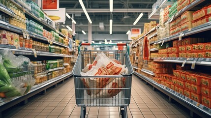 Abstract blur image of supermarket background defocused shelves with fresh products generative ai