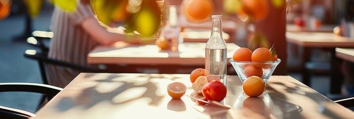 Bright café outdoor with a reflective orange table and fresh oranges, inviting for a healthy...