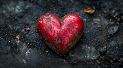 Obraz premium An old red heart that is decaying on the ground