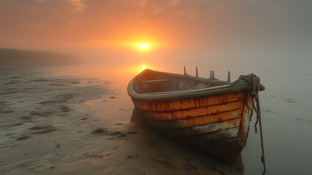 Old small boat that washed up on the beach along the sea As the sky changes color and the sunsets