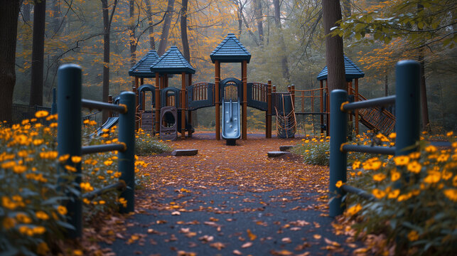 A playground with a slide and a forest and yellow flowers.