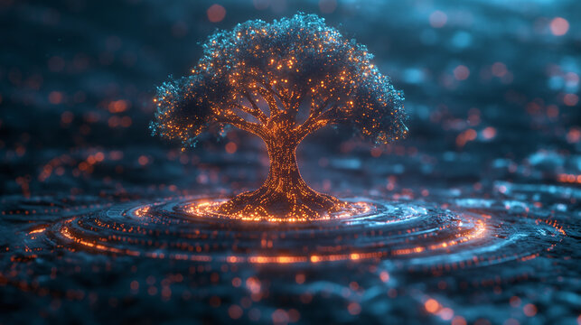 A tree growing on a digital neon circle.