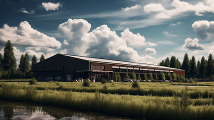 Fototapeta na wymiar Livestock warehouse Surrounded by natural green fields.