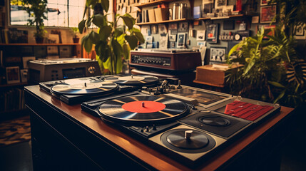 Old turntable from the 1970s in a retro stereo shop. - obrazy, fototapety, plakaty